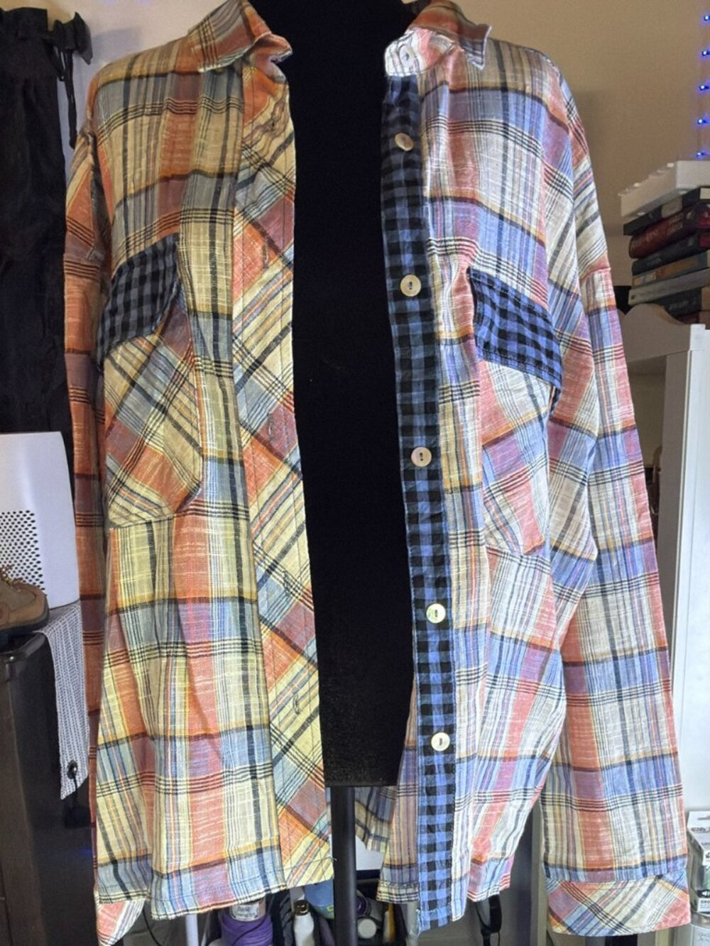 ee:some Oversized Mixed Plaid Button Up
